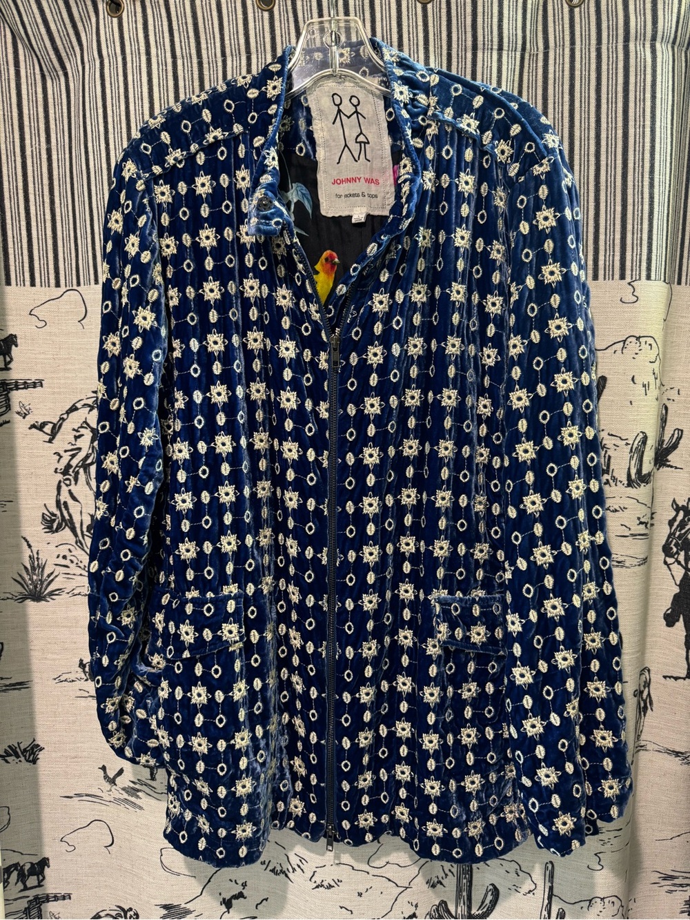 Johnny Was Navy Blue Velvet Embroidered Zip-Front Jacket